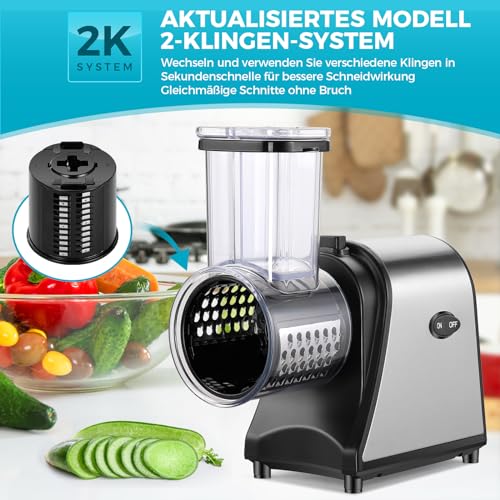 Nictemaw - Electric Stainless Steel 250W Vegetable Grater with 5 Blades, Large Filling Slot for Easy Use