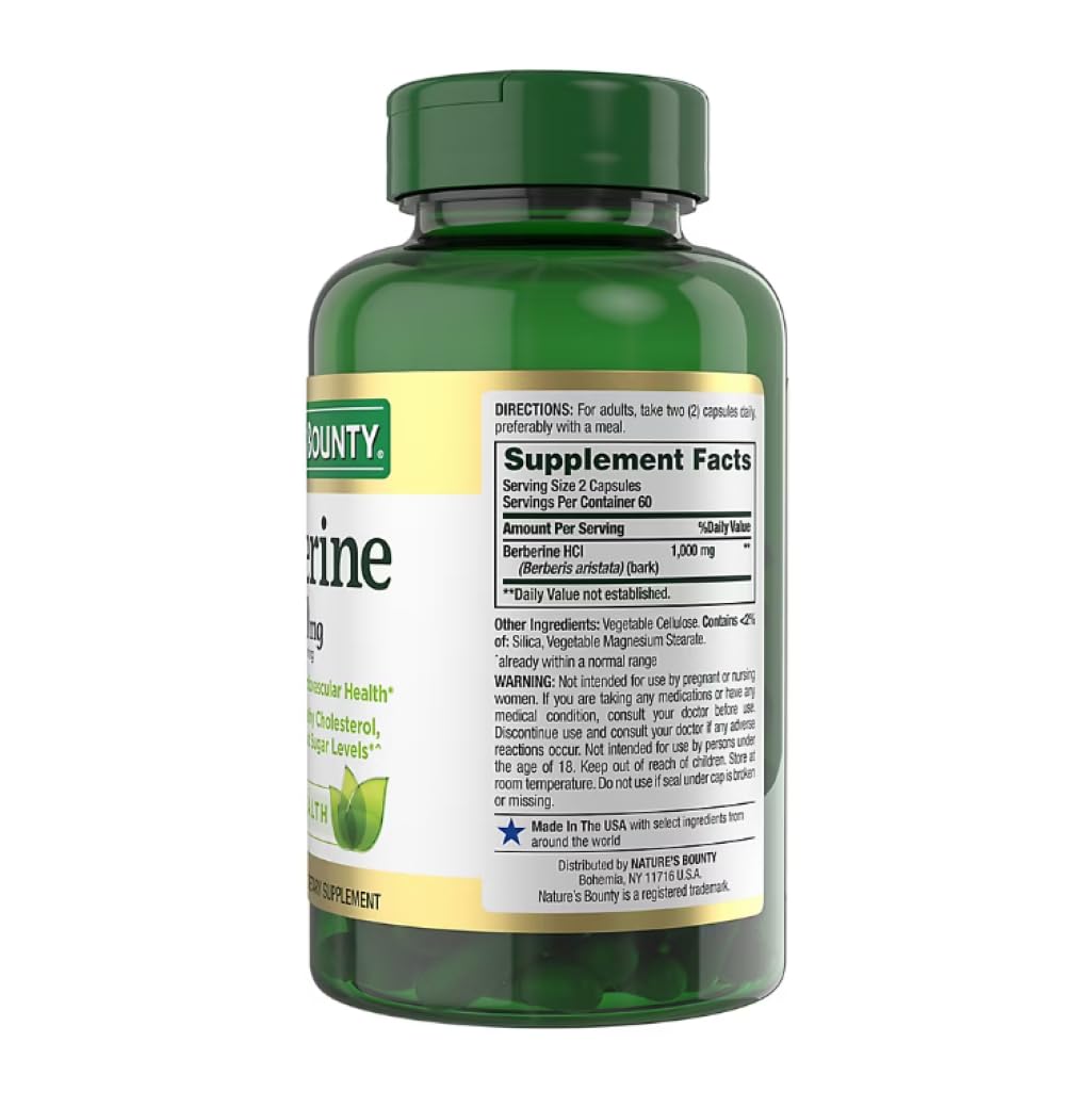 Nature's Bounty Berberine 1000mg Dietary Supplement for Heart and Blood Sugar Support – 120 Capsules - Medaid International
