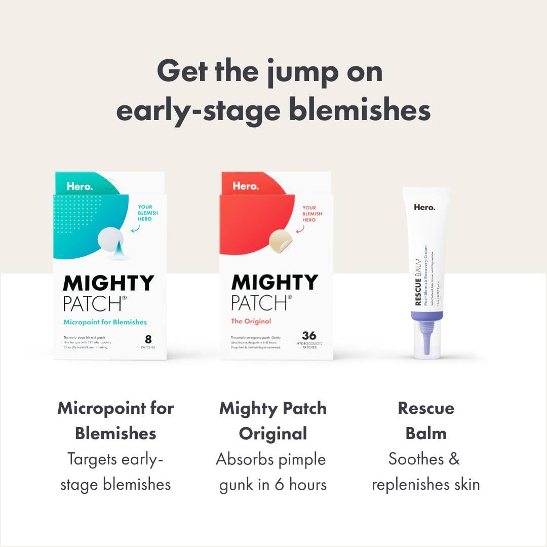 Mighty Patch Micropoint Large Hydrocolloid Pimple Patches for Face Blemishes from Hero Cosmetics, Acne Stickers for Early Stage Zits & Hidden Pimples, 395 Proprietary Micropoints, 8 Count - Medaid International