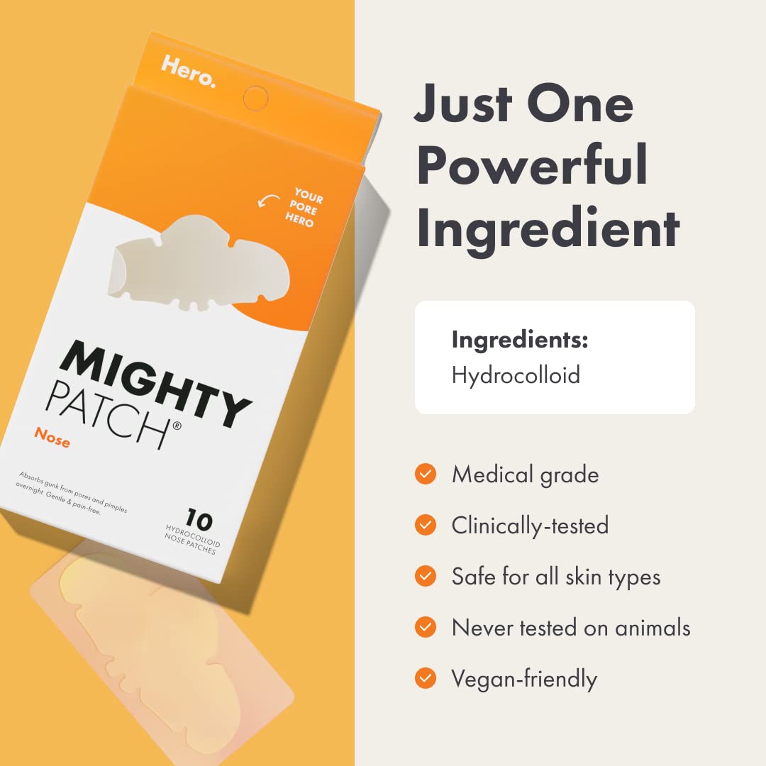 Mighty Patch Nose Pimple Patches from Hero Cosmetics, Large Hydrocolloid Pore Strips, Dermatologist Approved, Overnight, Pimple Stickers to Absorb Acne Nose Gunk, 10 Count - Medaid International