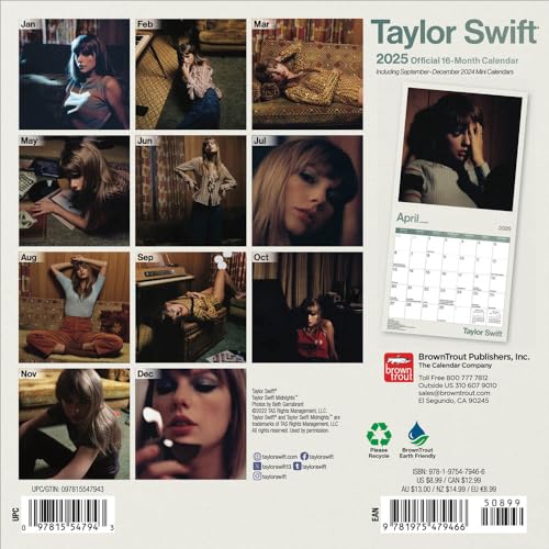 Taylor Swift OFFICIAL | 2025 7 x 14 Inch Monthly Mini Wall Calendar | Plastic-Free | BrownTrout | Music Pop Singer Songwriter Celebrity - Medaid International