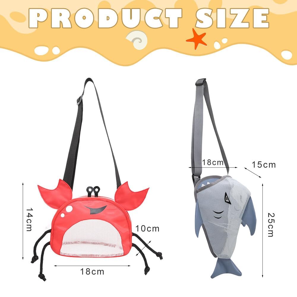 TERRIFI Kids Mesh Beach Bag, Crab & Shark Design, Adjustable Strap, Durable & Portable, Ideal for Beach Toys & Seaside Activities