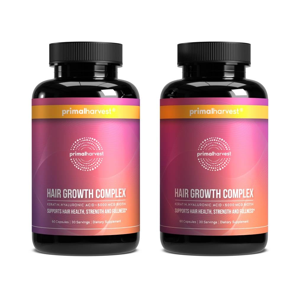 Primal Harvest Hair Growth Vitamins, 2 Pack - 120 Pills, Natural Hair Regrowth, Thickening, and Supplement for Men & Women with Biotin & Zinc - Medaid International