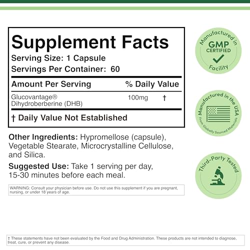 Dihydroberberine Supplement 100mg, 60 Capsules (Patented GlucoVantage Super Berberine, May be 5X More Effective Than Berberine with Less Side Effects) Third Party Tested, Vegan Safe by Double Wood - Medaid International