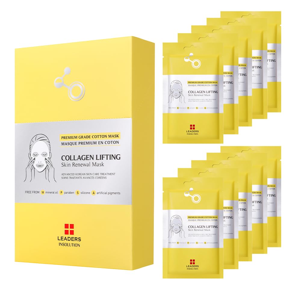 Leaders Insolution Collagen Lifting Skin Renewal Mask | Marine Collagen for Firmness and Elasticity Anti-Wrinkle, Sculpting Facial Sheet | Hydrating Serum for Smooth Skin (10 Sheets) - Medaid International
