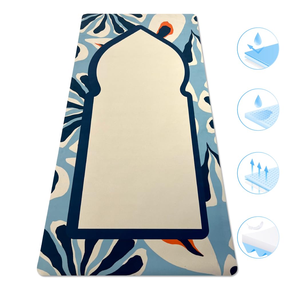 SABEEL Durable City Prayer Mat Roll with Enhanced Knee Support and Prayer Experience, Anti-Slip Microfiber Rubber - Ideal for Beginners and Practitioners - 1mm (Blue) - Medaid International