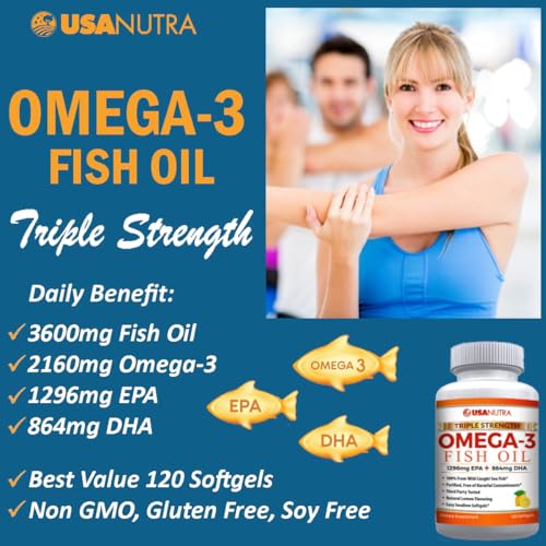Omega 3 Fish Oil Supplement 3600mg with EPA and DHA for Women and Men Supports Joint, Brain and Heart Health 120 Softgels, 40 Day Supply - Medaid International