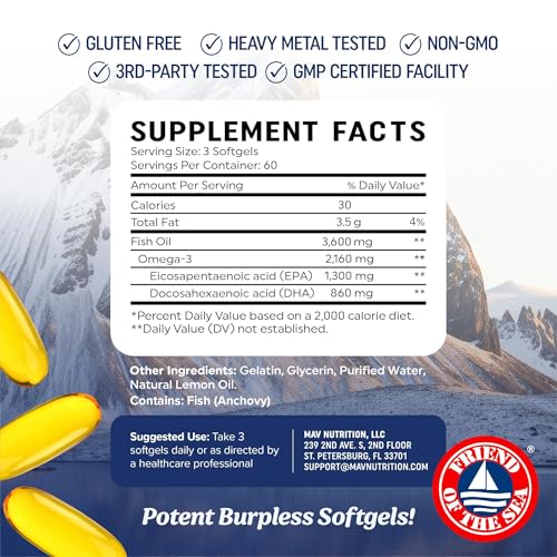 Triple Strength Omega 3 Fish Oil 3600 mg | EPA & DHA | Over 2100mg Omega-3 Fatty Acids | 1300mg EPA + 860mg DHA | Best Essential Fatty Acids | Premium Wild Caught & Burpless Fish Oil | 180 Ct - Medaid International