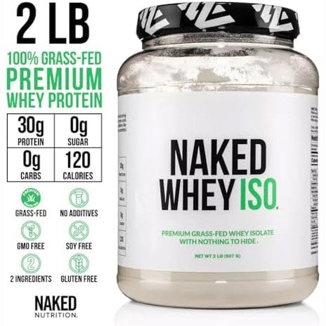 NAKED Whey Isolate Protein - Only 2 Ingredients, 30g Grass-Fed Protein, Zero Carb, Unflavored, Undenatured, Non-GMO, No Soy, Gluten-Free, No Preservatives - 28 Servings|B0DJ3KYNQ5