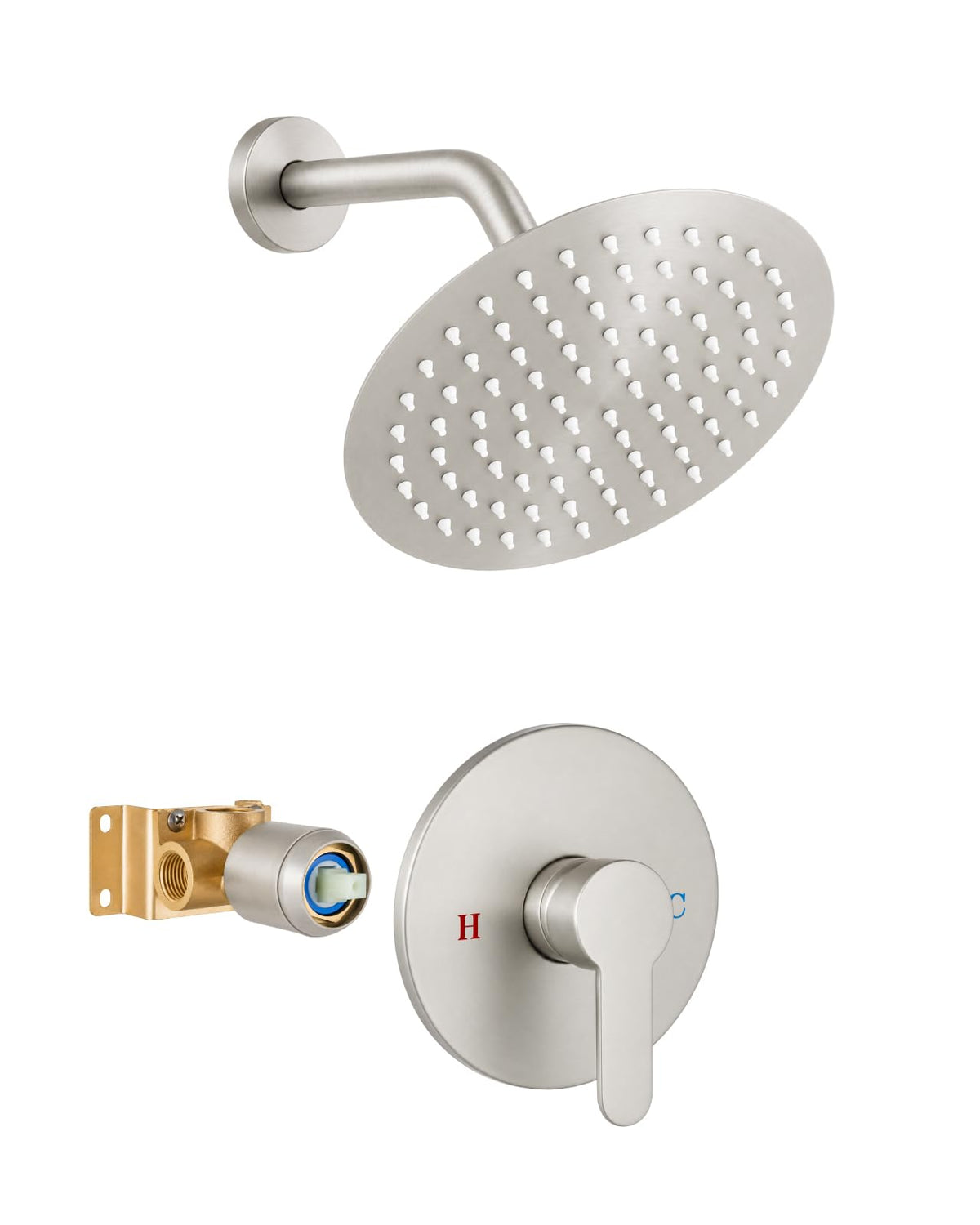 Heyalan Shower Faucet Set Brushed Nickel 8 Inch Round Showerhead Bathroom SUS304 Stainless Steel Rainfall Shower System Wall Mount Single Function Shower Trim Kit with Rough-in Valve 1 Handle