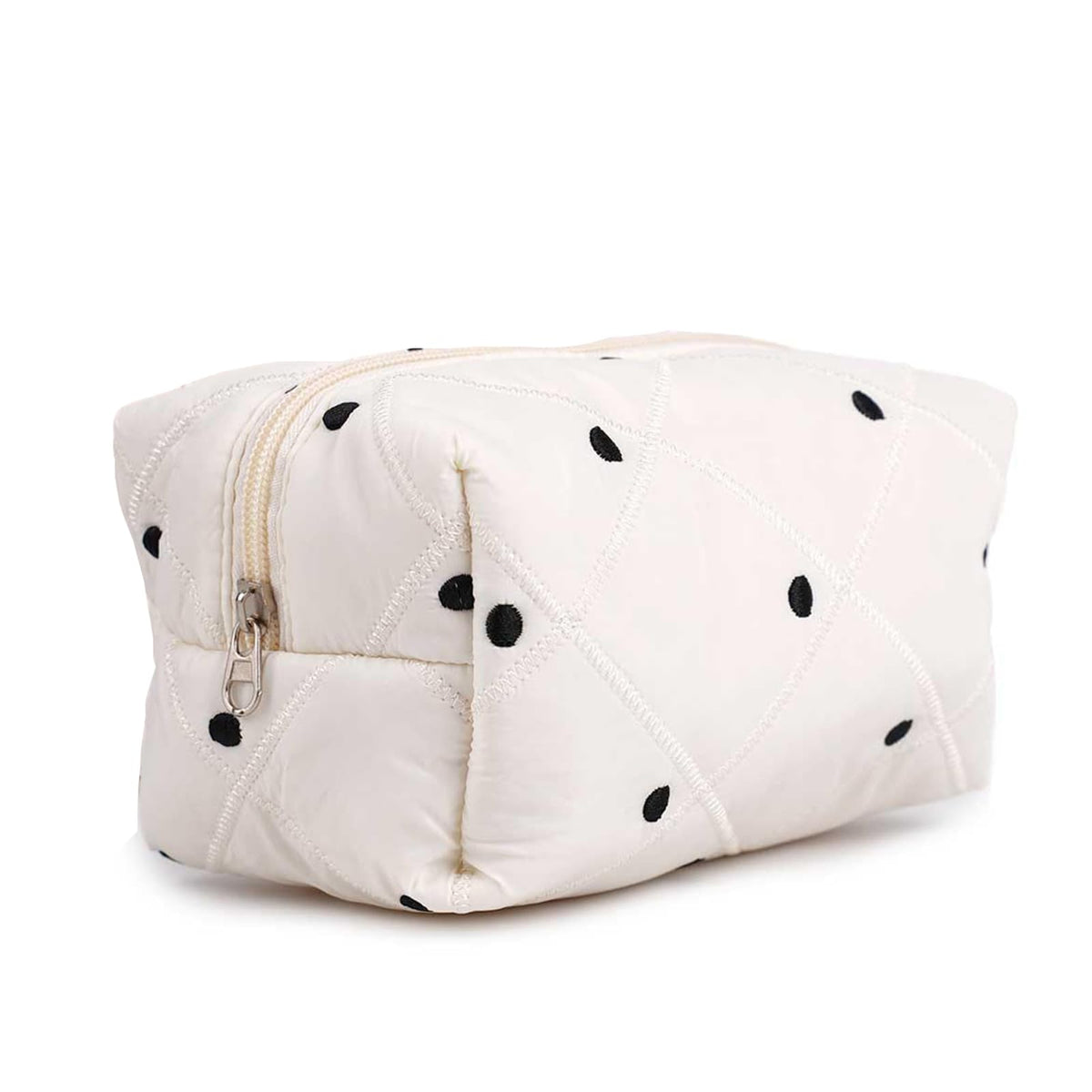 TERRIFI Quilted Makeup Bag, Black Dots Cotton Cosmetic Organizer Pouch for Women & Girls, Canvas Lined Travel Storage Bag (Small Szie)