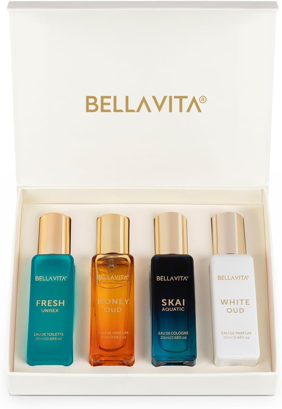 BellaVita Luxury Unisex Cologne Gift Set (4x20ml) | Fragrances Includes Honey OUD, SKAI, FRESH & White OUD | Travel Size Mini Perfumes & Spicy Vanilla Perfume Oil | Unisex Perfume for Women & Men - Medaid International