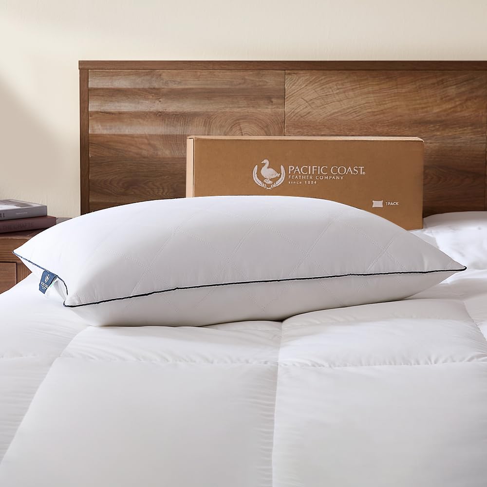 Pacific Coast Bed Pillow, Luxury Hotel Collection Goose Feather and Down Pillow for Sleeping with Classic Diamond Pattern, Medium Supportive, Standard Size 1 Pack - Medaid International