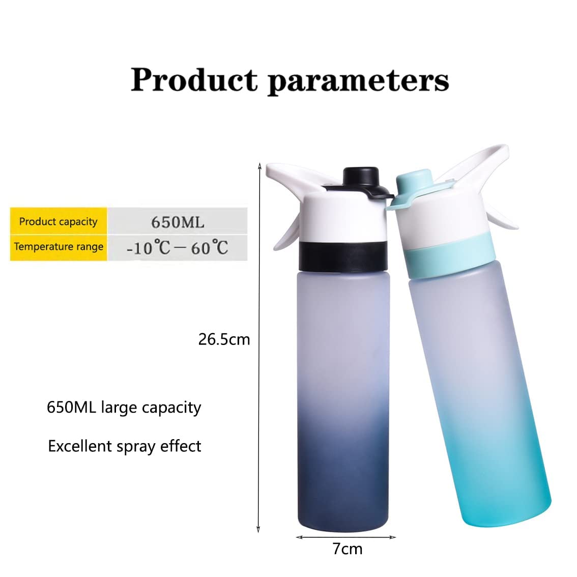 KASTWAVE Mist Spray Water Bottle, 650ml Sports Water Bottle Reusable Fitness Water Jug Multifunctional Spray Water Cup with Mist Hydration (Black)