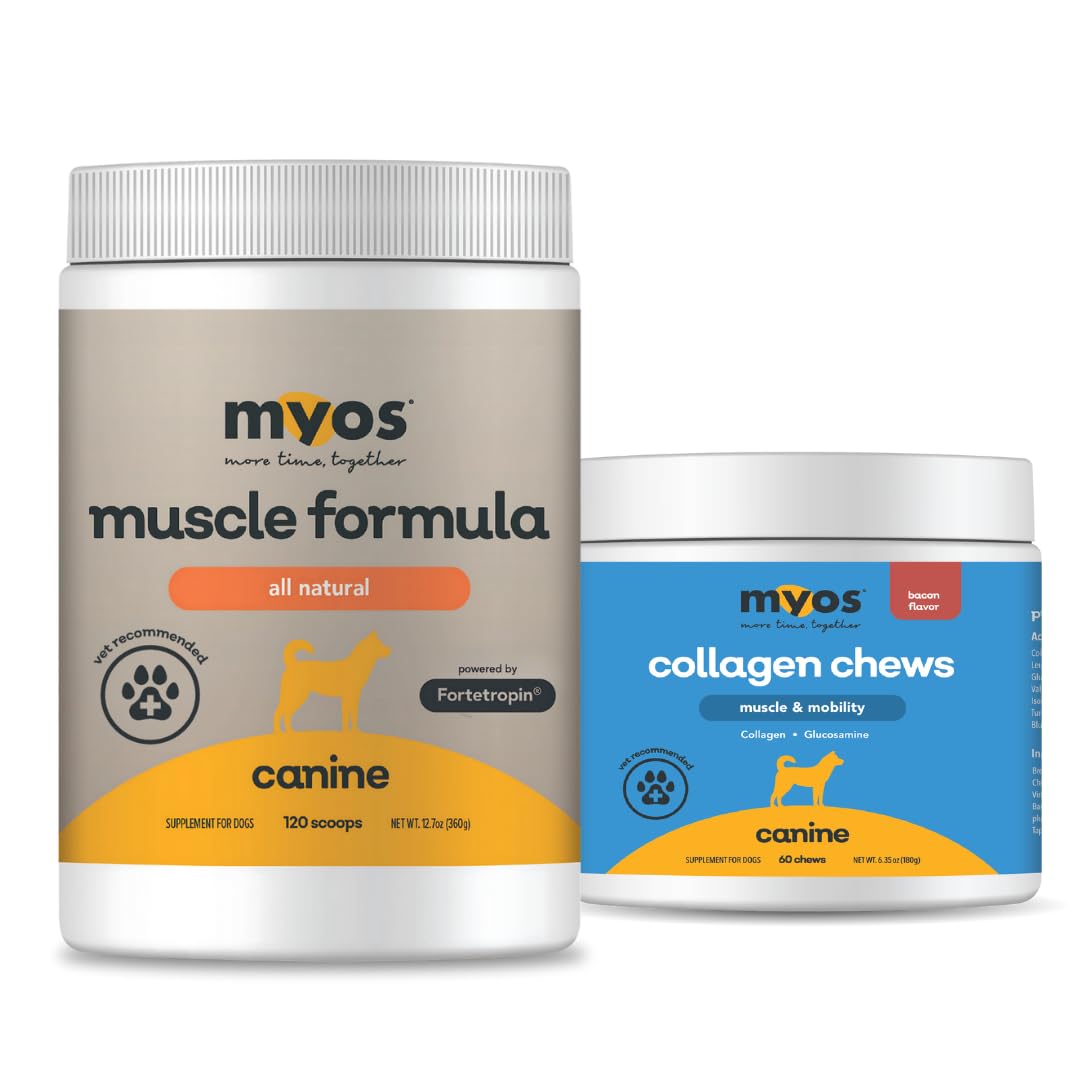 MYOS Canine Muscle & Joint Health Bundle – Fortetropin® Powder (396g) + Bacon-Flavored Mobility Chews with Collagen & Glucosamine (60 Count) - Medaid International