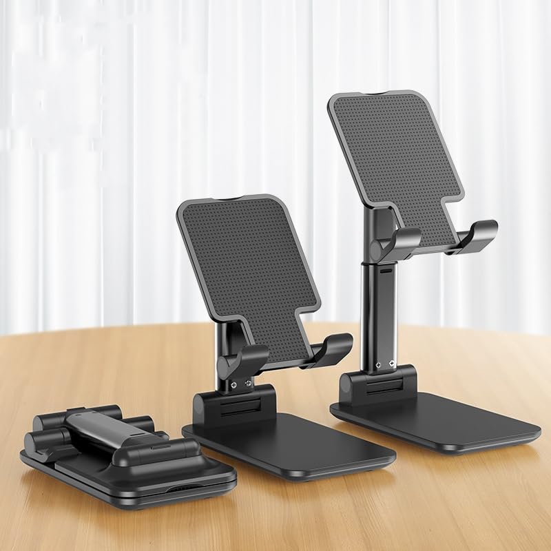 Phone Stand, Adjustable Height and Angle Foldable Cell Phone Stand Holder for Desk, Travel Home Office Desk Accessories Compatible for All Phones - Black - Medaid International