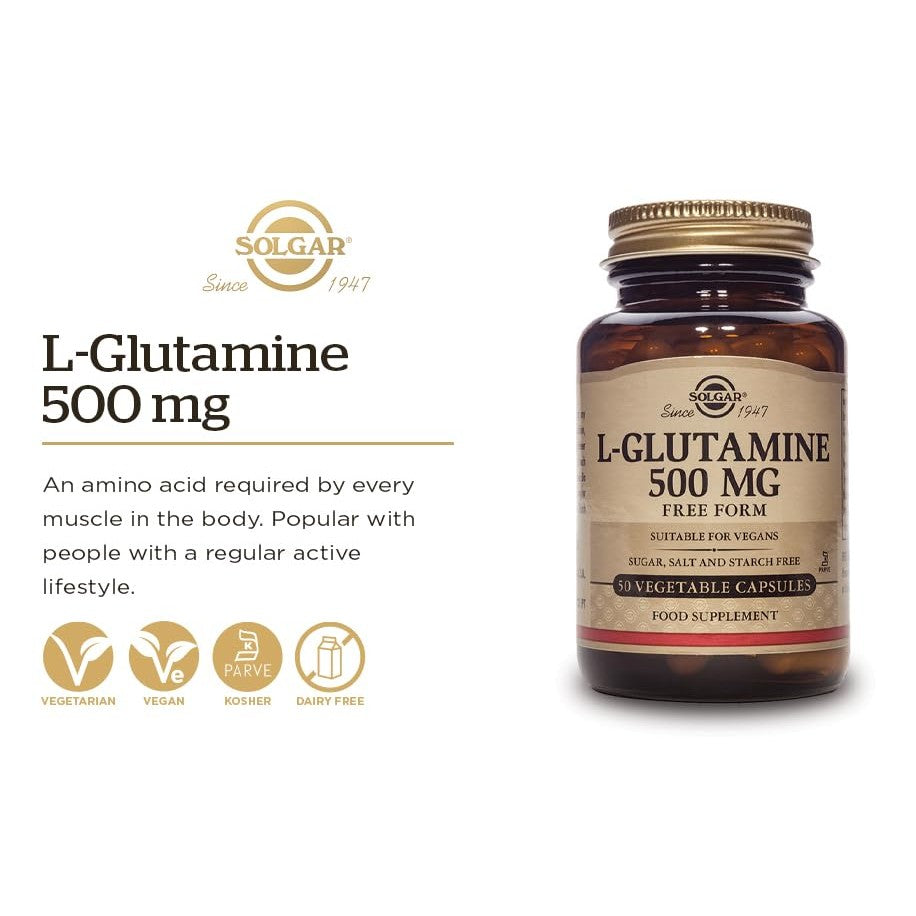 Solgar L-Glutamine 500 mg, 250 Vegetable Capsules - Natural Muscle Food - Promotes Gastrointestinal (GI) Health - Supports Brain Health - Non-GMO, Vegan, Gluten Free, Dairy Free - Medaid International