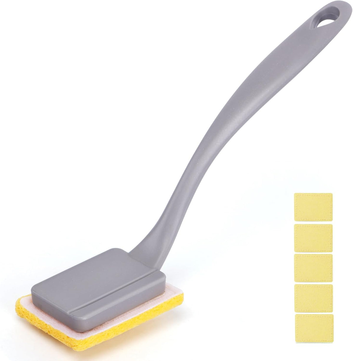 TERRIFI Dish Brush with Handle and 5 Sponge Refills, Non-Scratch Dishwand Cleaning Brush for Pans, Pots, Sink, Stove, Kitchen Utensils, Shower and Tubs, Grey