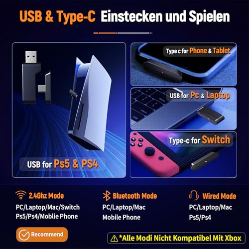 Ozeino - Wireless Gaming Headset with 40h Battery, 7.1 Surround Sound, Dual Connectivity