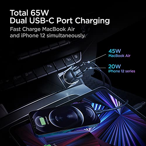 Spigen - 65W Dual USB C Car Charger, Fast Charging PD 3.0 for iPhone & MacBook
