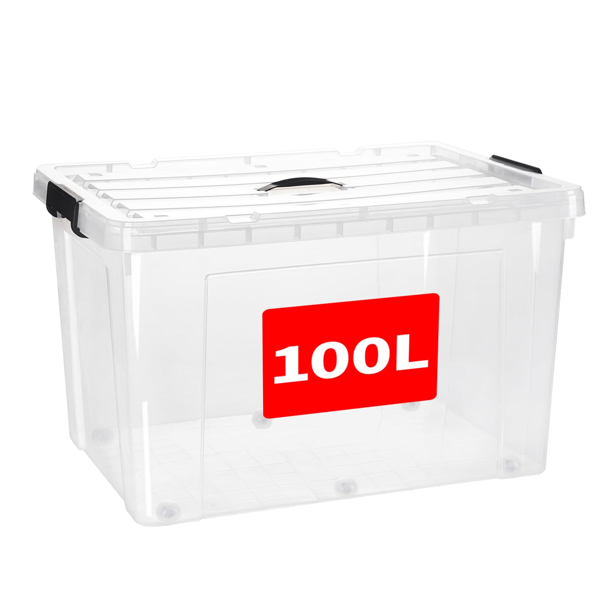 SKY-TOUCH 100 Liters Clear Plastic Storage Box with Lockable Lid & Wheels,Plastic Organizer Bin with Handles,for Storing Clothes, Toys, Tools,70x51x43cm,1pcs XL Large Size