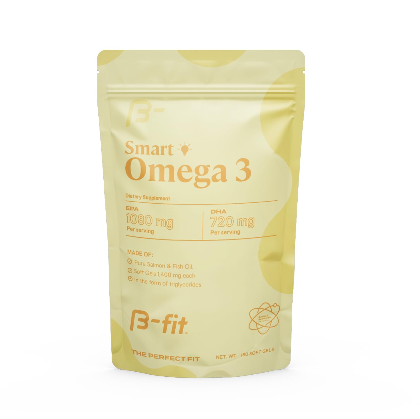 B-FIT Omega 3 Fish Oil - High Potency Patented Formula - 1800 mg with 1080 mg EPA & 720 mg DHA - 180 Odorless Softgels from Norwegian Salmon - 60-Day Supply - Heart, Brain & Joint Support - Medaid International