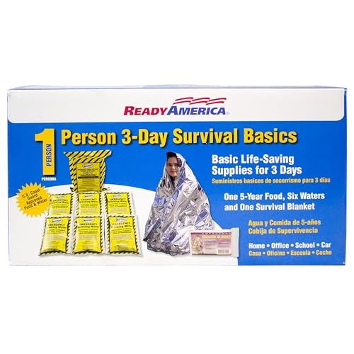 Ready America The Survival Box, 1-Person, 3-Day Emergency Kit Includes 5 Year Emergency Food, Water, Emergency Blanket Portable Disaster Preparedness Go-Bag for Earthquake, Fire, Flood, Hurricane