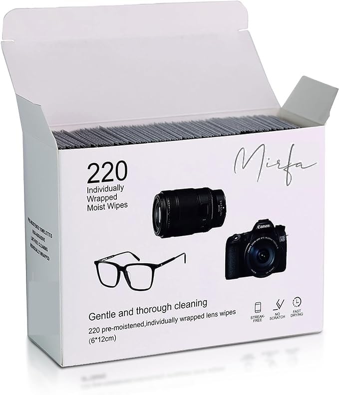 Mirfa, Lens Wipes for Glasses, 220 Piece Pre-Moistened Lens Cleaning Wipes, Individually Wrapped Microfiber Cleaning Cloth, Glasses Cleaner Wipes for Eyeglasses Camera Lens Tablets Phone Screen - Medaid International