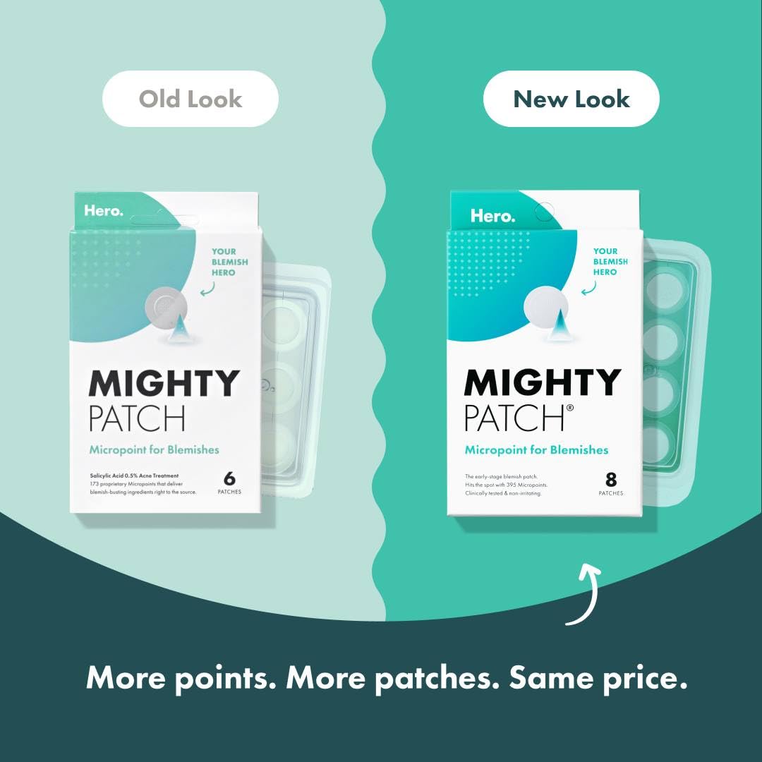 Mighty Patch Micropoint Large Hydrocolloid Pimple Patches for Face Blemishes from Hero Cosmetics, Acne Stickers for Early Stage Zits & Hidden Pimples, 395 Proprietary Micropoints, 8 Count - Medaid International