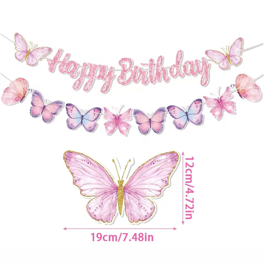 KASTWAVE Pink Butterfly Birthday Banner, 2 Pcs Birthday Party Decorations Set with Pre Strung Glitter Happy Birthday Banner, Butterfly String, Fade Resistant Butterflies Theme Party Supplies