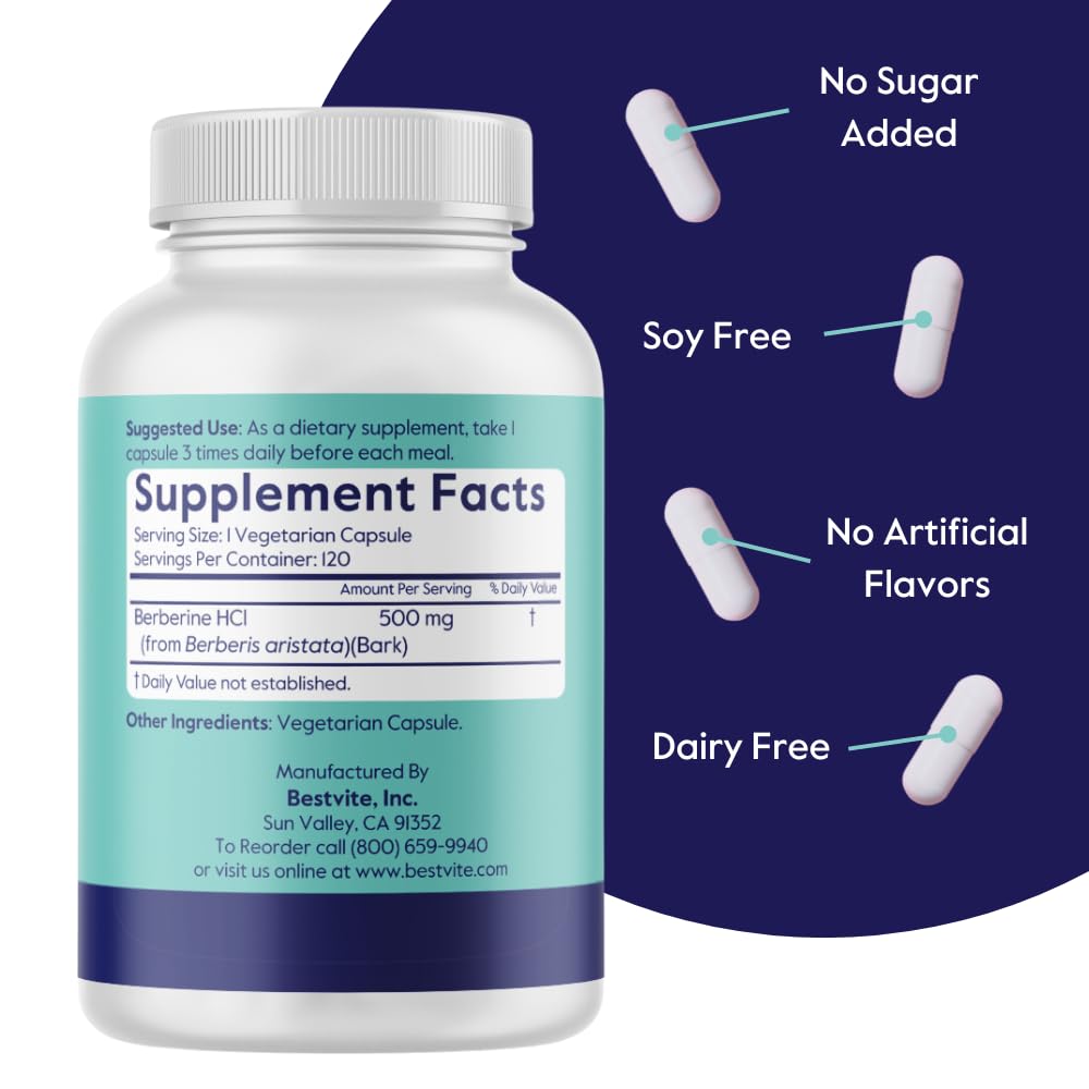 Berberine 500mg Per Capsule (120 Vegetarian Capsules) - No Fillers - No Stearates - No Flow Agents - Vegan - Gluten Free - Non GMO - Medaid International
