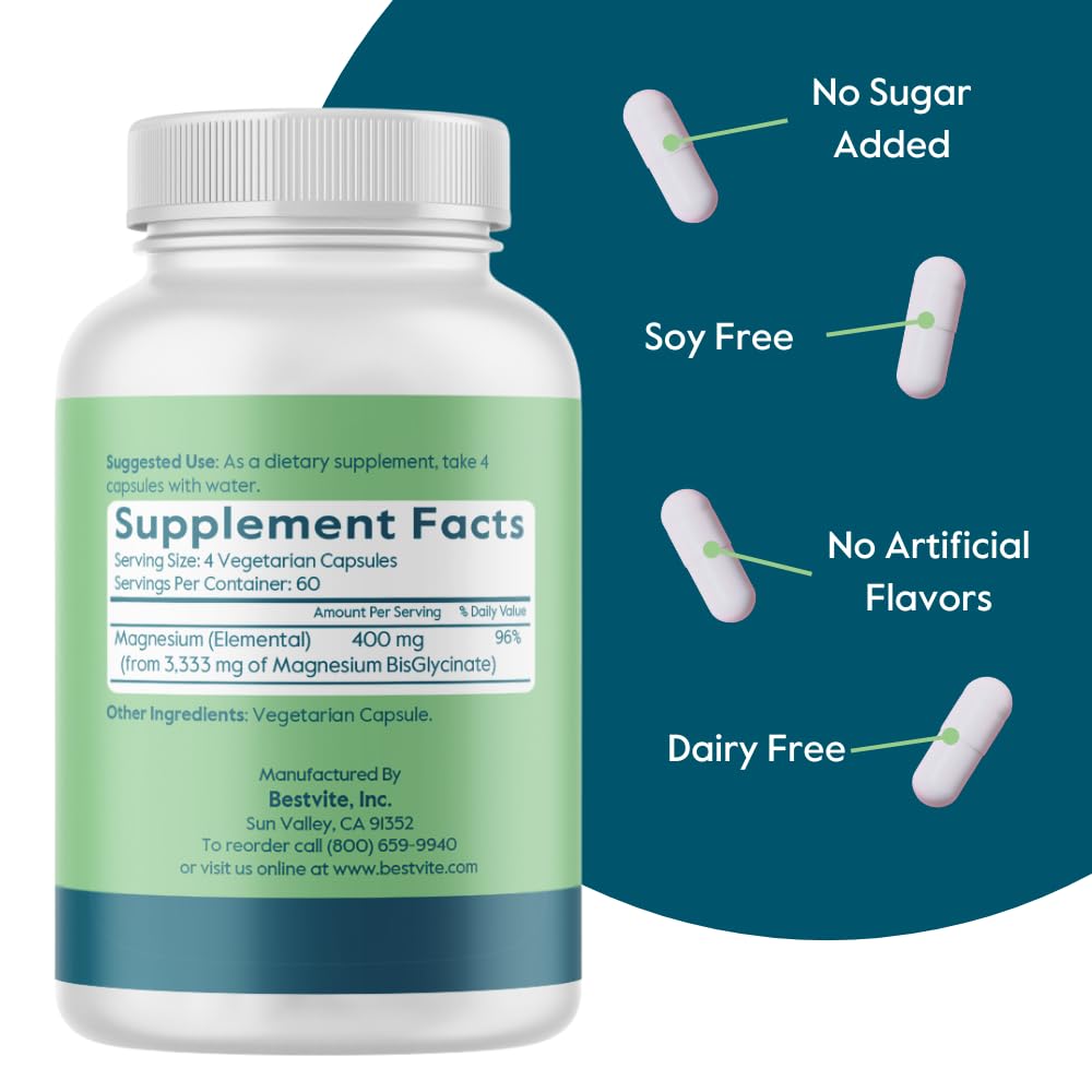 BESTVITE Filler-Free Magnesium Glycinate - 400mg of Magnesium per Serving (240 Veg Caps)- Chelated Bisglycinate for Muscle, Relaxation, Stress & Sleep Support* - For Men & Women - No Stearates - Vegan - Medaid International