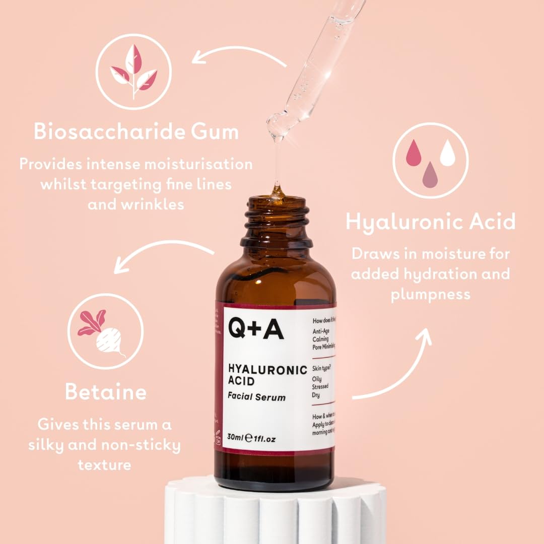 Q+A Hyaluronic Acid Facial Serum (30ml), Natural Hydrating Face Serum, for Plump Skin, Anti Ageing, Fragrance Free, Delivers Deep, Lasting Hydration, Rehydrates and Softens the Skin - Medaid International
