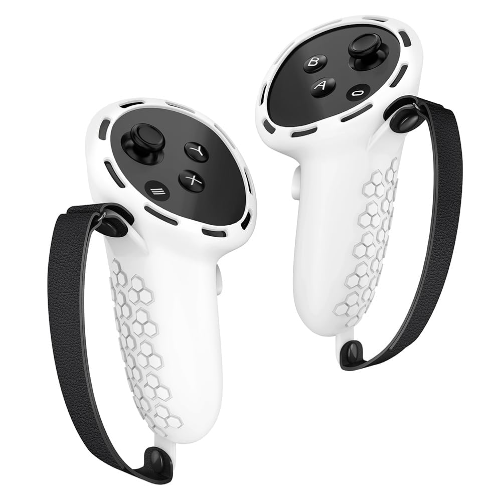 TERRIFI Controller Grips for Oculus Quest 3 - Comfortable Silicone Cover with Controller Hand Straps, 2Pcs Rocker Cap and Joystick Protection, Reserve Precise Hole Positions (White)