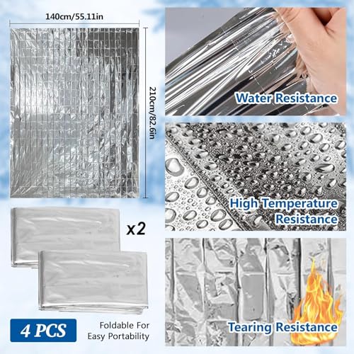 4-Pack Reflective Mylar Emergency Thermal Blankets Compact Survival Blankets for Outdoor, Hiking, Camping, First Aid