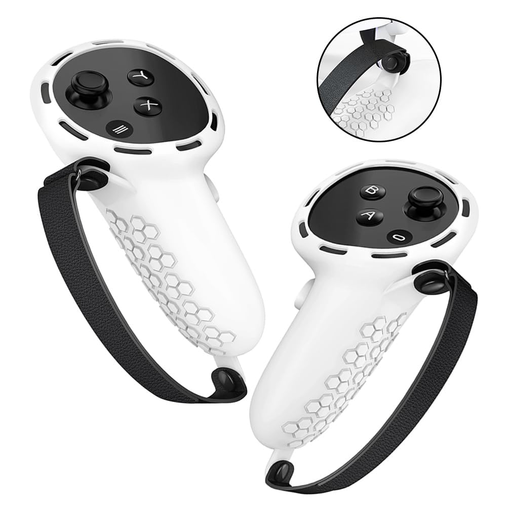 TERRIFI Controller Grips for Oculus Quest 3 - Comfortable Silicone Cover with Controller Hand Straps, 2Pcs Rocker Cap and Joystick Protection, Reserve Precise Hole Positions (White)