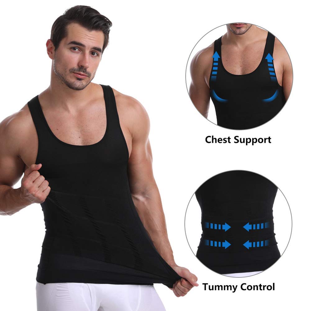Cacosa Men's Body Shaper Slimming Shirt Tummy Vest Thermal Compression Muscle Tank Top Base Layer Slim Shapewear (Black, M) - Medaid International