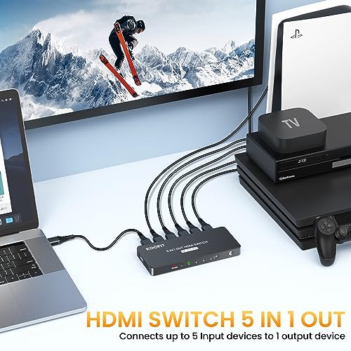 Koofit - 4K HDMI Switch Automatic, 5 Port Selector with Remote Control, Supports HDR
