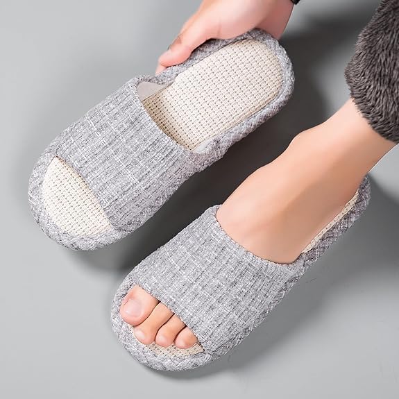 KASTWAVE Linen Open Toe Slippers for Men & Women, Soft and Silent Home Slippers, Breathable, Non-Slip Indoor & Outdoor Slippers, Comfortable Casual Footwear, Memory Foam Cushioning