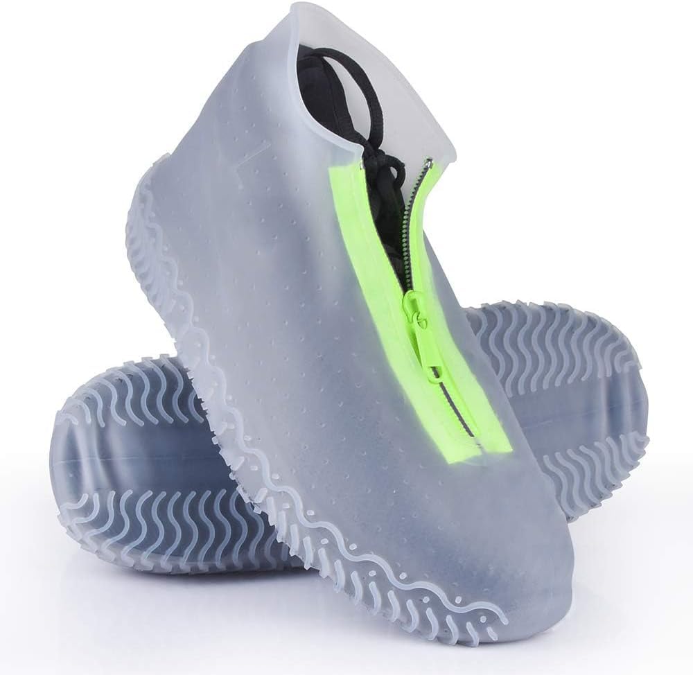 TERRIFI Upgrade Reusable Silicone Waterproof Shoe Covers with Zipper, Non-Slip Textured Sole Washable Rain Overshoes for Rainy Day Commute Gardening Camping, for Men Women-White, Size M (33-38cm)