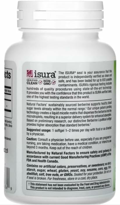 Natural Factors Berberine LipoMicel Matrix - Daily Supplement Supports Metabolic Health - Formula Supports General Health - Gluten-Free & Dairy-Free - 60 Liquid Softgels (60 Servings) - Medaid International