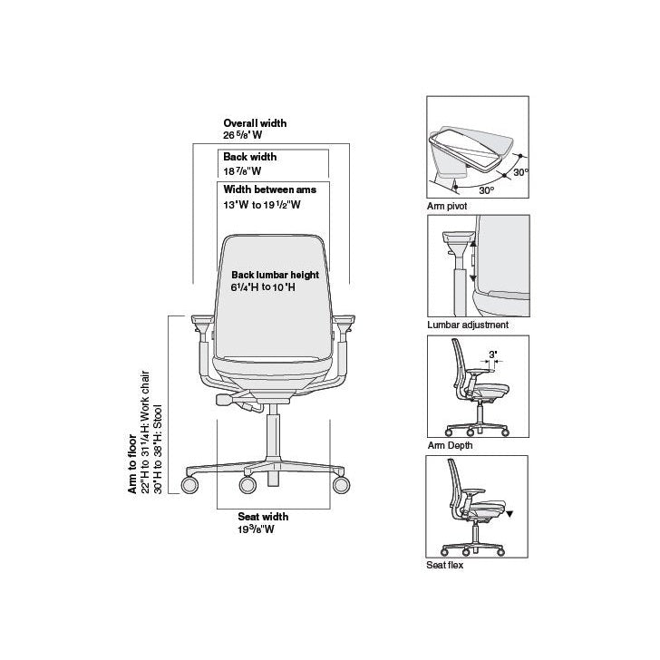 Steelcase Amia Task Chair: Platinum Frame/Base - 4 Way Adjustable Arms - Standard Carpet Casters - Medaid International