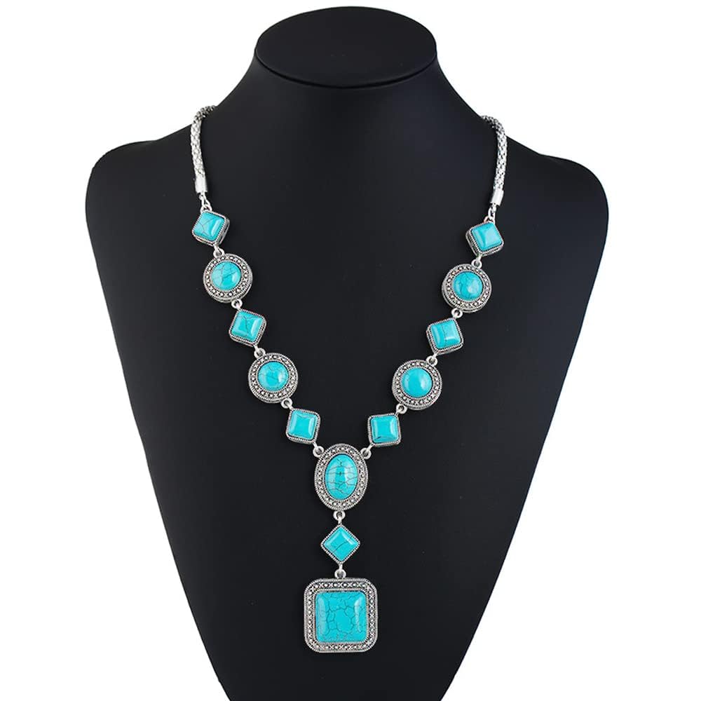TERRIFI 3-Piece Bohemian Set: Turquoise Pendant Necklace, Vintage Dangle Earrings, Stretchable Bracelet