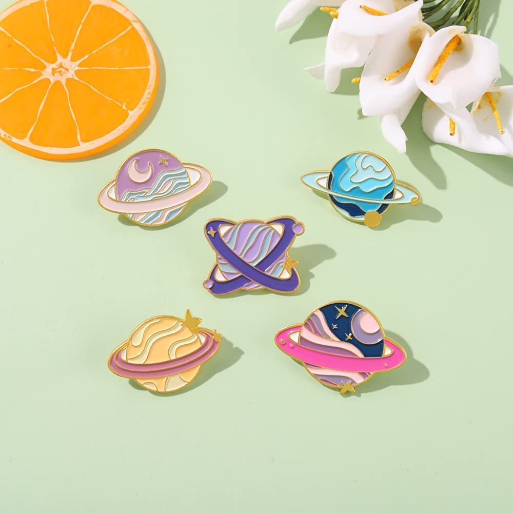 KASTWAVE Enamel Pins, Cartoon Universe Planets Space System Alloy Brooch Exquisite Pink Star Planet Badge Lapel Pins for Men and Women Backpack Jacket Clothing, Etc. (5 Pieces)