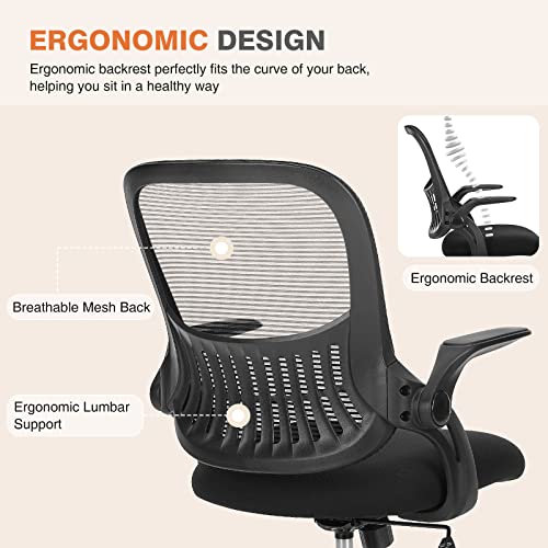 Sweetcrispy Office Computer Desk Chair, Ergonomic Mid-Back Mesh Rolling Work Swivel Task Chairs with Wheels, Comfortable Lumbar Support, Comfy Flip-up Arms for Home, Bedroom, Study, Student, Black - Medaid International