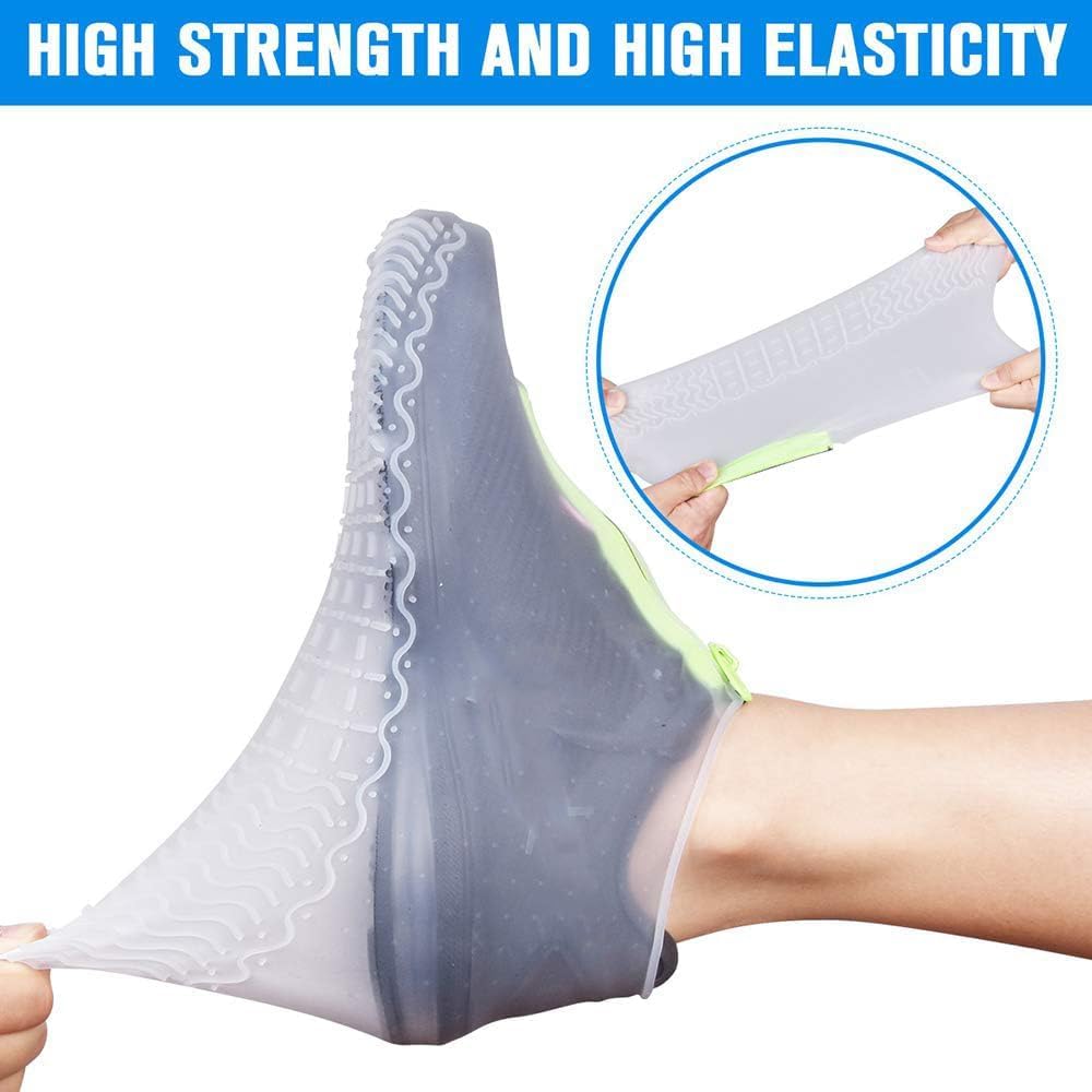 TERRIFI Upgrade Reusable Silicone Waterproof Shoe Covers with Zipper, Non-Slip Textured Sole Washable Rain Overshoes for Rainy Day Commute Gardening Camping, for Men Women-White, Size M (33-38cm)