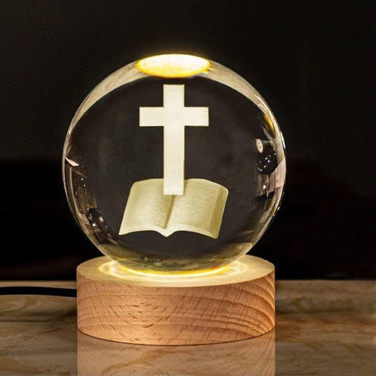 Christian 3D Crystal Ball with Wooden Light Base كرة كريستال ثلاثية الأبعاد بقاعدة خشبية مضيئة