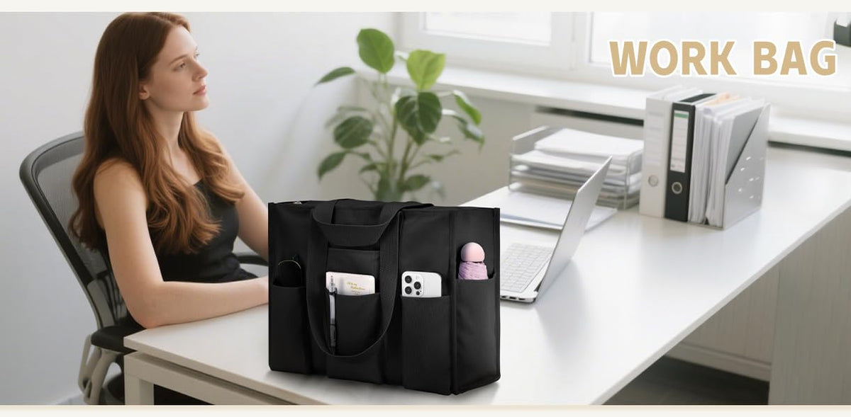 TERRIFI Large Tote Bag for Women, Waterproof with 12 Pockets Top Zipper Closure, Versatile Travel Shoulder Bag, Utility Teacher Nurse Bag for Work School (Black)