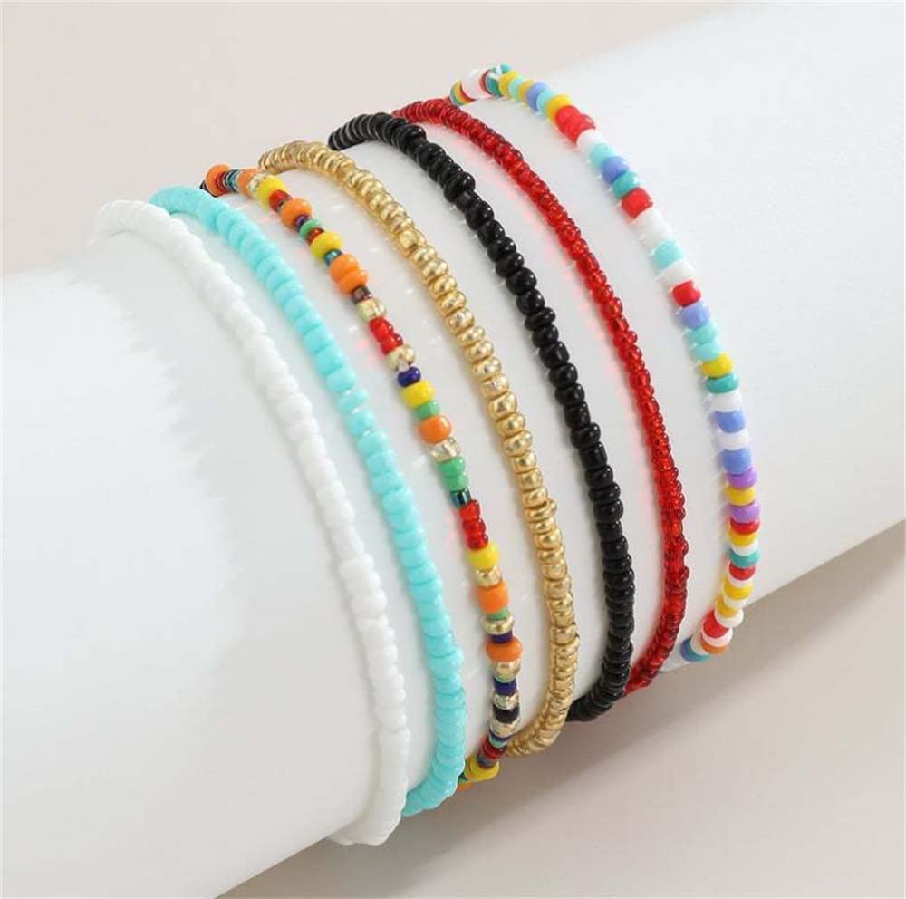 TERRIFI Multilayered Women Anklets, Beaded Elastic Foot Hand Chain Jewelry, Boho Colorful Ankle Bracelet Set (7Pcs)