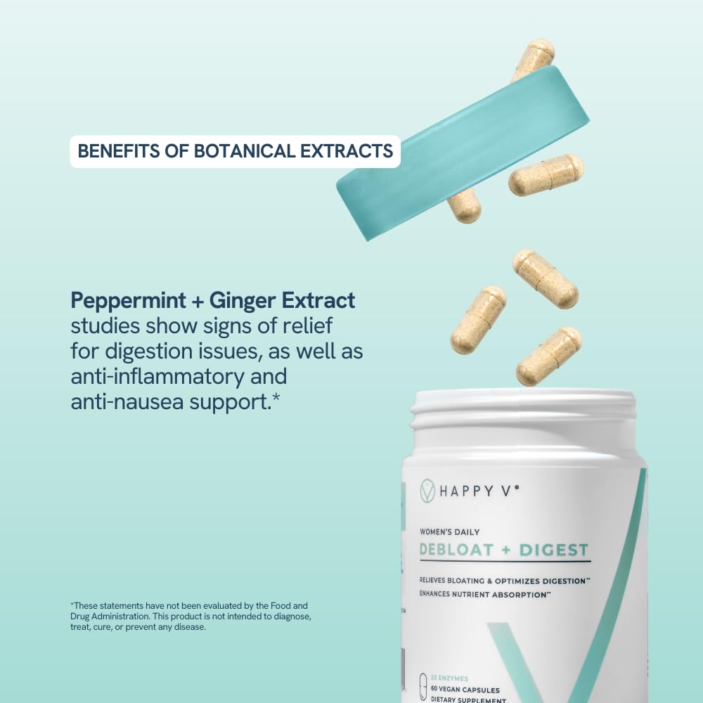 Happy V Debloat + Digest – Digestive Enzymes for Women to Support Bloating, Gas, Constipation, Gut Health, and Nutrient Absorption – Stomach Comfort & Digestion Support Supplement – 60 Vegan Capsules - Medaid International